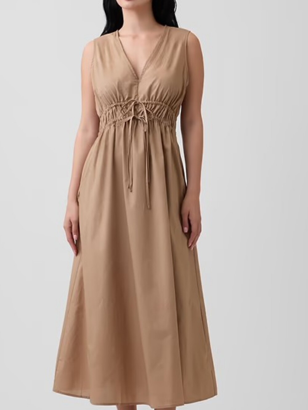 NWT - GAP Cotton Sleeveless V-Neck Tie Front Drawstring Tan Maxi Dress - Size M